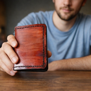 Hombre sosteniendo una cartera artesanal de cuero marrón hecha a mano con acabado en piel natural y diseño minimalista.