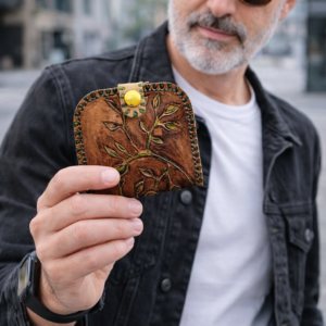 Hombre sujetando un monedero artesanal de cuero marrón con diseño grabado de árbol y hojas realizado completamente a mano.