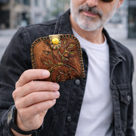 Hombre sujetando un monedero artesanal de cuero marrón con diseño grabado de árbol y hojas realizado completamente a mano.