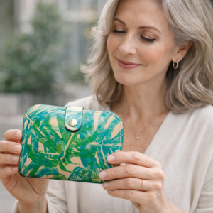 Mujer sosteniendo un monedero artesanal de cuero natural con diseño de hojas tropicales pintadas a mano en tonos verdes y azules.