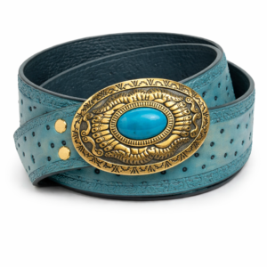 Cinturón de cuero artesanal repujado en color azul con diseño detallado