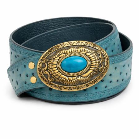 Cinturón de cuero artesanal repujado en color azul con diseño detallado