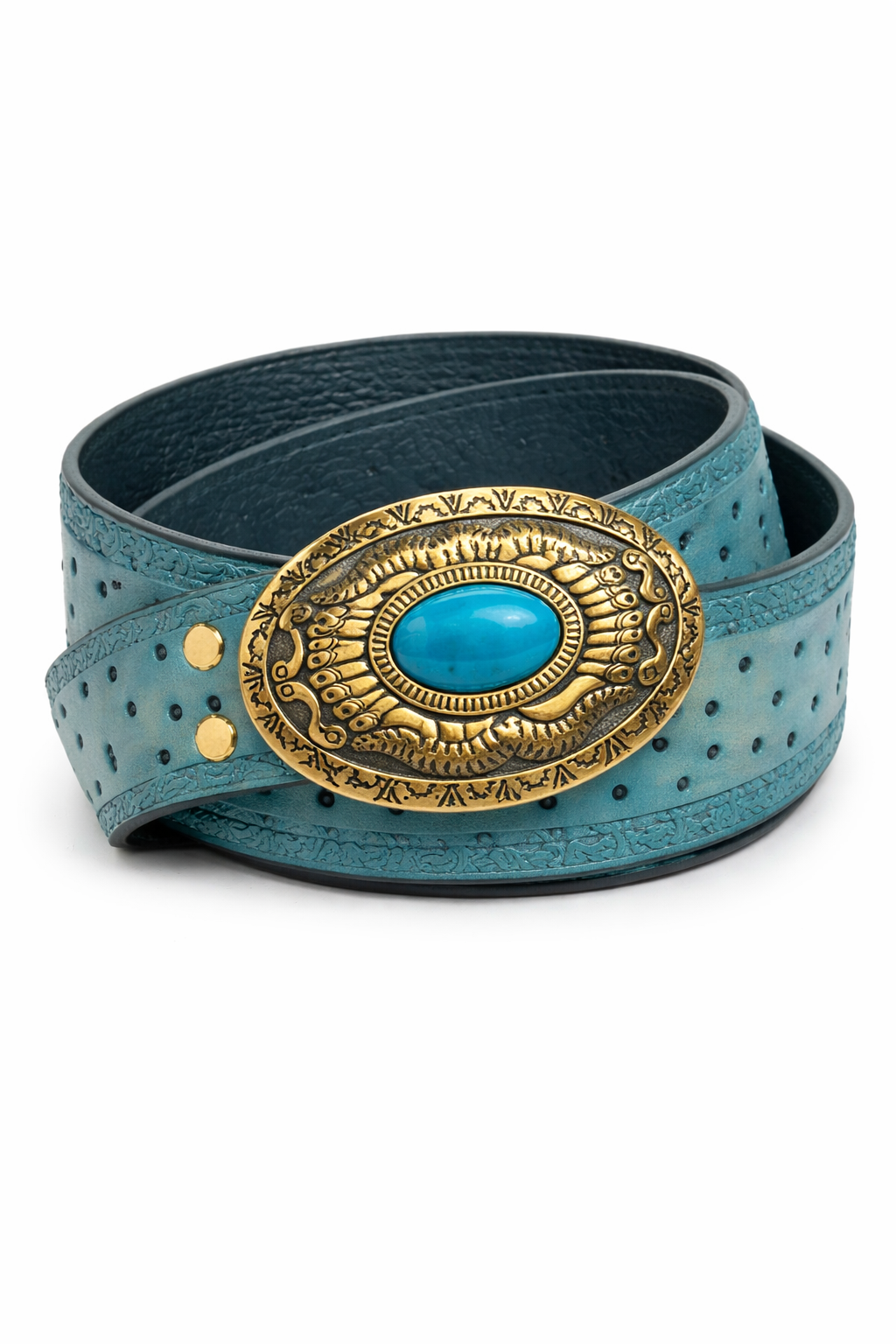 Cinturón artesanal de cuero repujado en tono azul