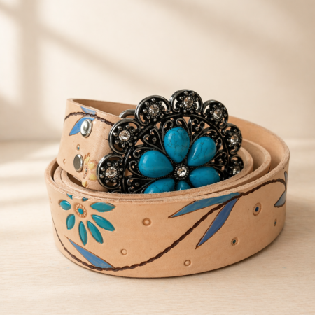 Cinturón artesanal de cuero natural pintado a mano con flores turquesa y hebilla metálica vintage con piedra turquesa.