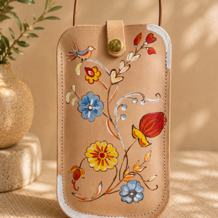 Porta móvil artesanal de cuero Pajarico con diseño de flores silvestres y pájaro pintado a mano.